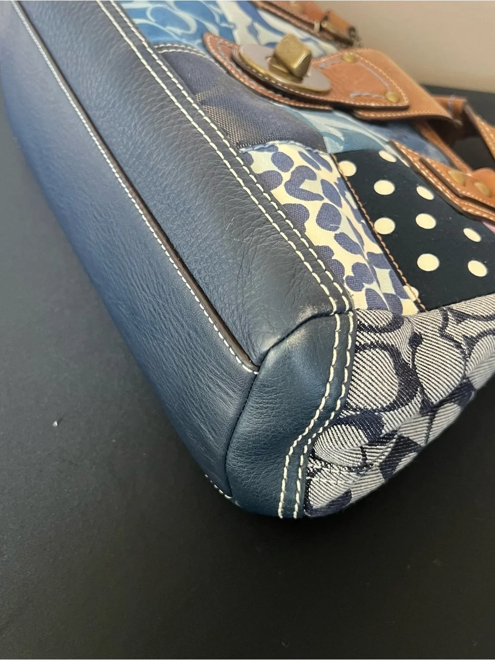 Coach Blue Patchwork Shoulder Bag with Brown Leather Trim